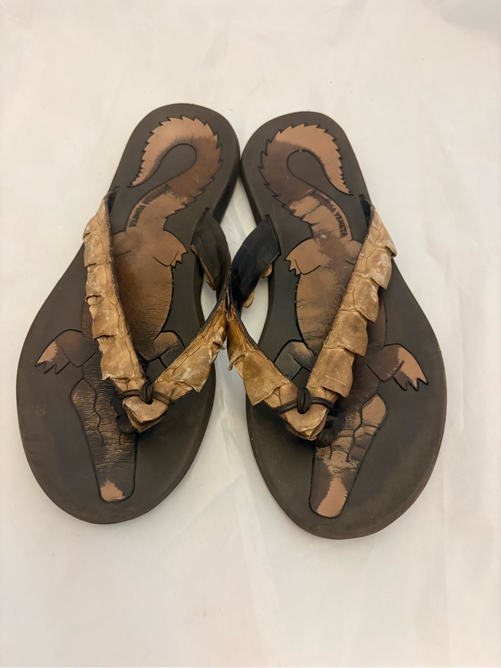 Bottega Veneta Brown and Tan Aligator Leather Flip Flop Sandals